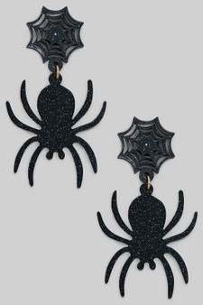 Dangling Glitter Spider Drop Earrings With Cobweb