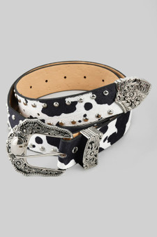 Western Cow Print Belt With Floral Buckle