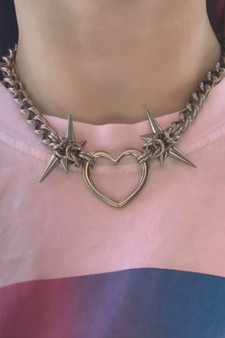 Stainless Heart Pendant Spike Cluster Chain Necklace