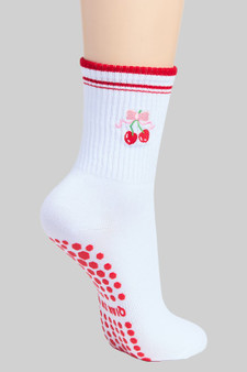 Cherry Embroidered Yoga Pilates Grip Socks