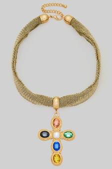 18K Gold Dipped Rs Cross Pendant Metal Fabric Necklace