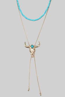 Bolo Style Layered Bead And Bull Skull Pendant Necklace