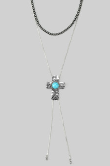 Bolo Style Layered Bead And Tq Cross Pendant Necklace