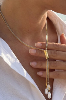 Long Bolo Two Tone Chain Necklace With Pearls