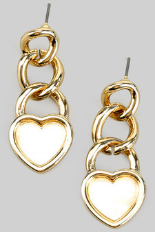 Chain Link Drop Earrings With Mop Heart Charms