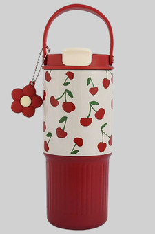 Cherry Print Stainless Steel Bottle With Straw