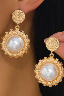 Hammered Post Earrings With Dangling Round Pearls