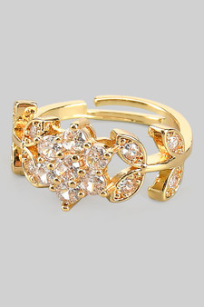 Adjustable Floral Cz Stone Brass Ring