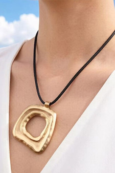 Matte Gold Textured Square Pendant Cord Necklace