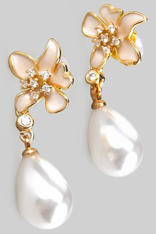 Lacquered Cz Flower Post Earrings With Dangling Pearl