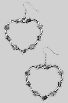 Barbed Wire Rose Heart Shaped Drop Earrings