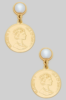 Pearl Post Coind Charm Drop Earrings