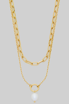 Layered Chain Necklace With O Ring Pearl Pendant