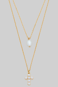 Layered Necklace With Bubble Cross And Pearl Pendants