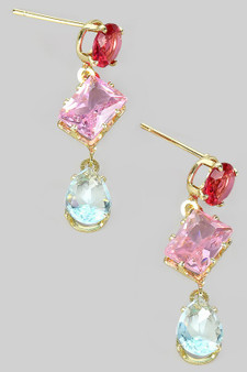 Triple Tiered Geo Cz Stone Drop Earrings