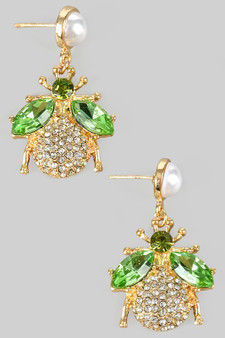 Pearl Post Earrings With Bejeweled Bug Charm