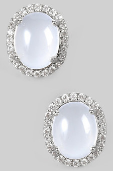 Oval White Stone Studs With Cz Pave