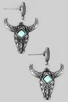 Bull Skull Tq Stone Charm Conch Post Drop Earrings