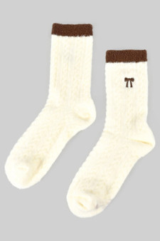 Fuzzy Two Tone Cable Knit Socks With Bow