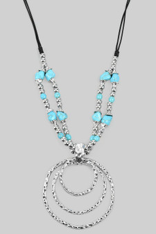 Hammered Circle Pendant Cord Necklace With Tq Beads