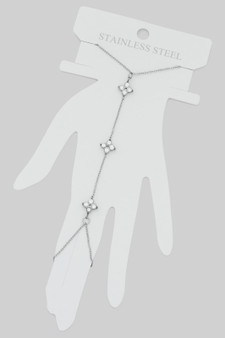 Stainless Steel Hand Chain Ring Bracelet W Cz Clusters