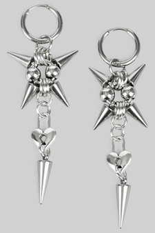 Stainless Steel Spike Ball And Heart Charm Earrings