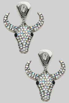 Cowboy Hat Post Ab Stone Bull Skull Drop Earrings