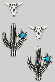 Bull Skull Cactus Earring Stud Set