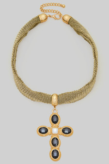 18K Gold Dipped Rs Cross Pendant Mesh Fabric Necklace