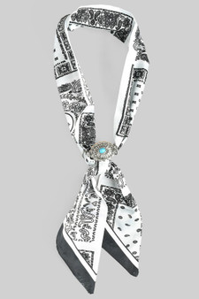 White Paisley Print Neck Scarf With Bolo