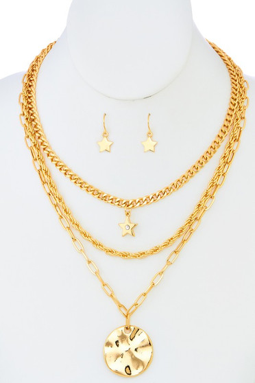 Hammered Pendant Layered Necklace Set