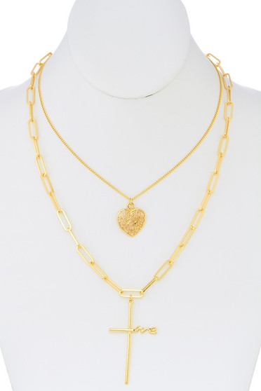 Love Cross Pendant Layered Necklace