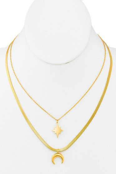 Moon And Star Pendants Layered Necklace