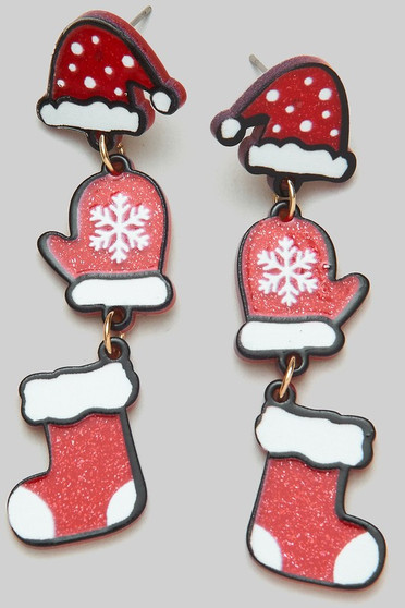 Linked Christmas Hat Gloves Sock Earrings