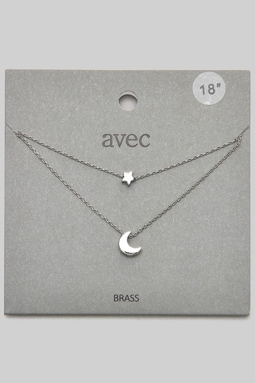 Layered Moon And Star Pendant Brass Necklace