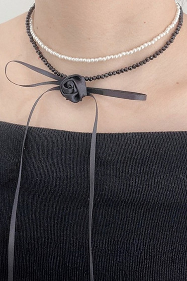 Layered Bead And Pearl Satin Flower Necklace