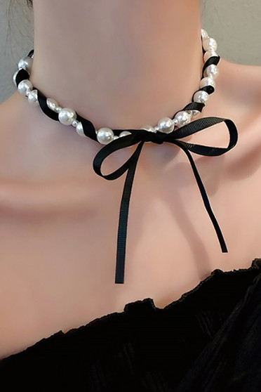 Pearl And Satin Bow Wrap Choker Necklace