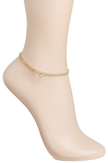 Layered Bow Charm Anklet With Rhinestone Pave