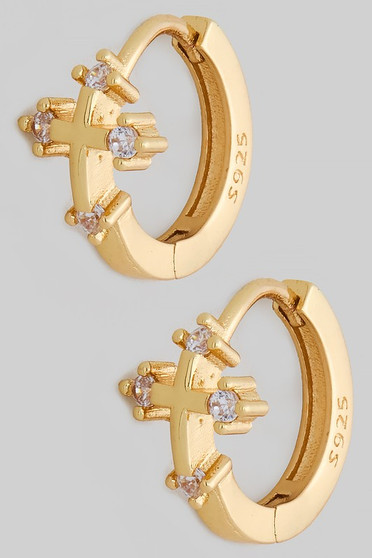 Brass Cz Cross Charm Huggie Earrings