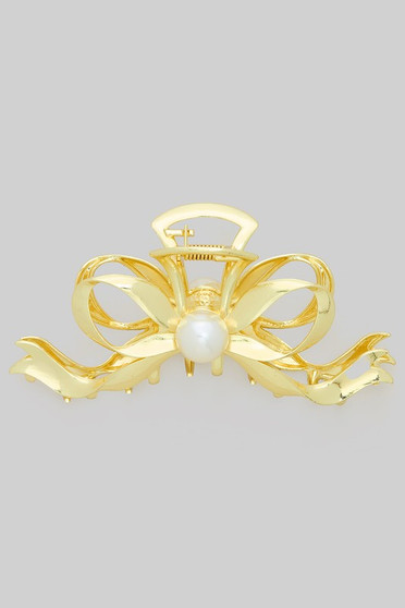 Metal Bow Hair Clip With Pearl Accent