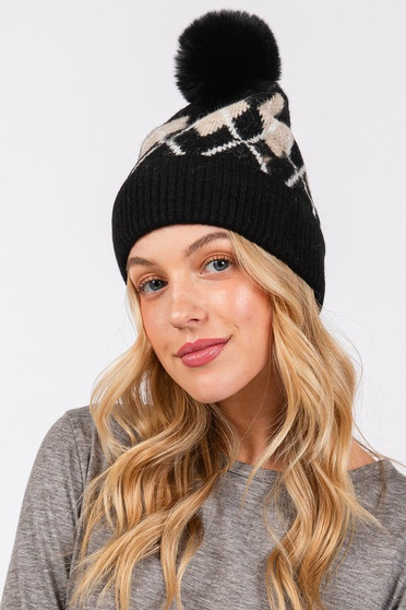 Wool Blended Argyle Fleece Pom Pom Beanie 