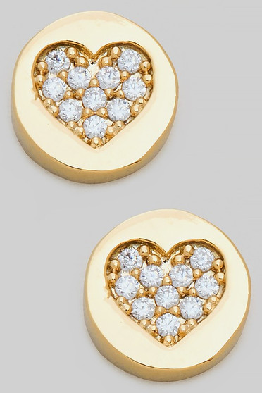 Dainty Brass Round Stud Earrings With Cz Heart