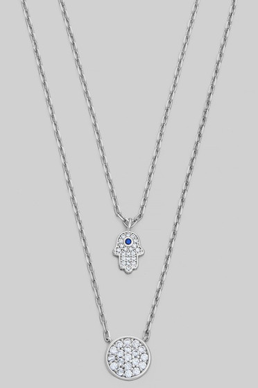 Layered Hamsa Disc Cz Pendant Necklace