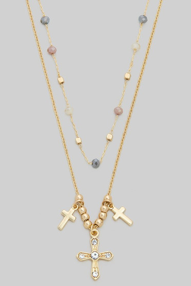 Multi Cross Charm Layered Necklace W Glass Beads