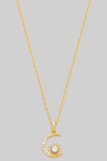Brass Chain Necklace With Cz Pave Moon And Star