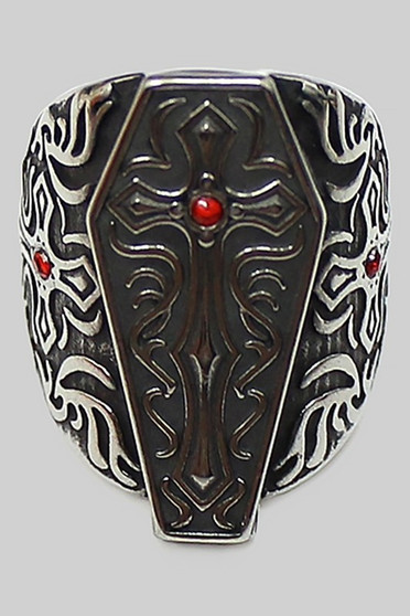 Coffin Statement Ring With Red Cz Accent