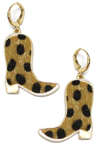 Leopard Fur Western Boot Huggie Drop Earrings