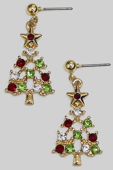 Metal Christmas Tree Dangle Earrings With Stone