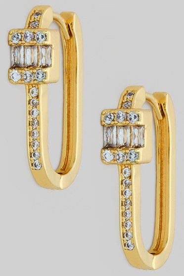 Brass Cz Pave Link Lock Oval Hoop Earrings