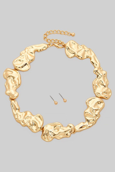 Textured Abstract Metal Link Necklace And Earrings